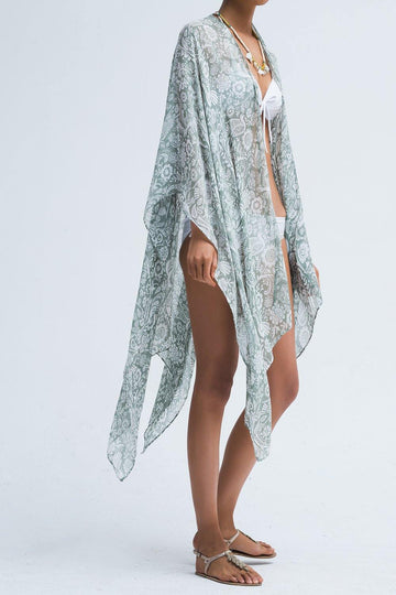 Moss Rose Birdy Sage Print Kimono